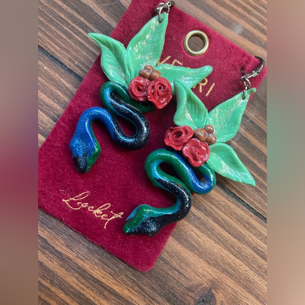Handcrafted Green & Blue Snake Floral Drop Earrings - Statement Women’s Jewelry